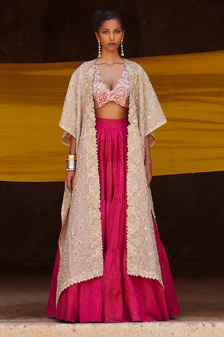 Mrunalini Rao Pink Cape Organza Hand Embroidered Pratibha Tiered Skirt Set With 