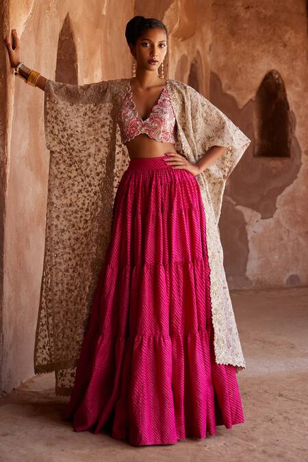 Shop_Mrunalini Rao_Pink Silk Zari, Embroidery Plunge Neck Pratibha Tiered Skirt Set With Cape _at_Aza_Fashions