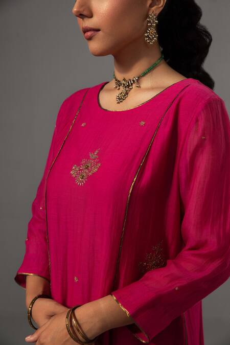 Shop_Label Shreya Sharma_Fuchsia Chanderi, Silk Organza Embroidery Round Neck Floral Kurta Set _Online_at_Aza_Fashions