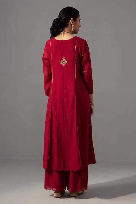 Shop Label Shreya Sharma Red Chanderi, Silk Organza Embroidery Round Neck Kurta Set at Aza Fashions Shop_Label Shreya Sharma_Red Chanderi, Silk Organza Embroidery Round Neck Kurta Set _at_Aza_Fashions