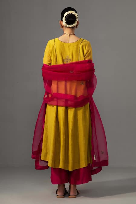 Shop Label Shreya Sharma Yellow Chanderi, Silk Organza Embroidery Round Neck A-line Kurta Set at Aza Fashions Shop_Label Shreya Sharma_Yellow Chanderi, Silk Organza Embroidery Round Neck A-line Kurta Set _at_Aza_Fashions