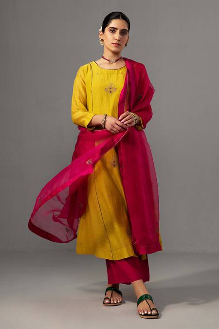 Buy Label Shreya Sharma Yellow Chanderi, Silk Organza Embroidery Round Neck A-line Kurta Set Online at Aza Fashions Buy_Label Shreya Sharma_Yellow Chanderi, Silk Organza Embroidery Round Neck A-line Kurta Set _Online_at_Aza_Fashions