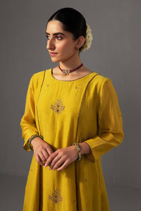 Shop Label Shreya Sharma Yellow Chanderi, Silk Organza Embroidery Round Neck A-line Kurta Set Online at Aza Fashions Shop_Label Shreya Sharma_Yellow Chanderi, Silk Organza Embroidery Round Neck A-line Kurta Set _Online_at_Aza_Fashions