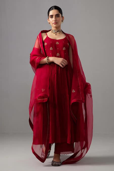 Label Shreya Sharma Red Kurta And Pant Chanderi Embroidered Floral Round Gathered Anarkali Set 