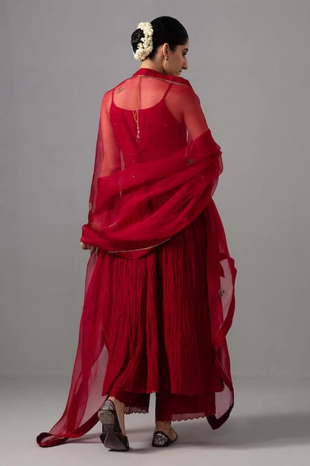 Shop Label Shreya Sharma Red Kurta And Pant Chanderi Embroidered Floral Round Gathered Anarkali Set at Aza Fashions Shop_Label Shreya Sharma_Red Kurta And Pant Chanderi Embroidered Floral Round Gathered Anarkali Set _at_Aza_Fashions