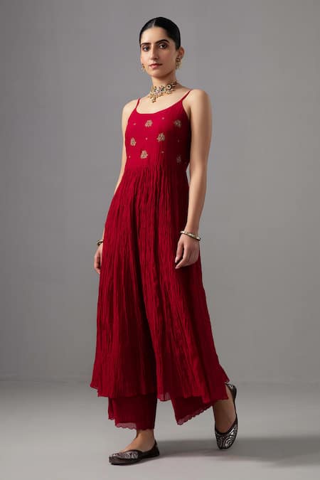 Label Shreya Sharma Red Kurta And Pant Chanderi Embroidered Floral Round Gathered Anarkali Set Online at Aza Fashions Label Shreya Sharma_Red Kurta And Pant Chanderi Embroidered Floral Round Gathered Anarkali Set _Online_at_Aza_Fashions