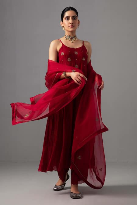 Buy Label Shreya Sharma Red Kurta And Pant Chanderi Embroidered Floral Round Gathered Anarkali Set Online at Aza Fashions Buy_Label Shreya Sharma_Red Kurta And Pant Chanderi Embroidered Floral Round Gathered Anarkali Set _Online_at_Aza_Fashions