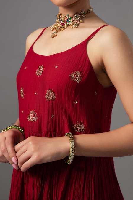 Label Shreya Sharma Red Kurta And Pant Chanderi Embroidered Floral Round Gathered Anarkali Set at Aza Fashions Label Shreya Sharma_Red Kurta And Pant Chanderi Embroidered Floral Round Gathered Anarkali Set _at_Aza_Fashions