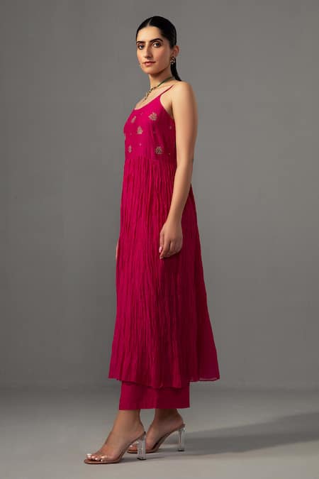 Label Shreya Sharma_Fuchsia Chanderi, Silk Organza Embroidery Round Neck Anarkali Set _Online_at_Aza_Fashions