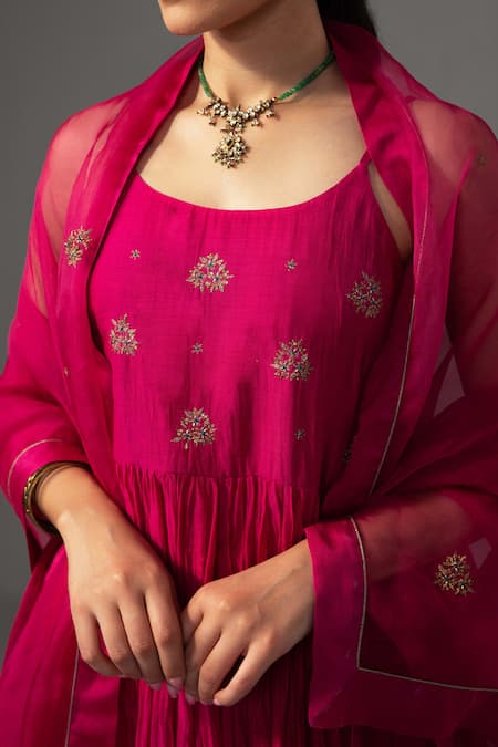 Buy_Label Shreya Sharma_Fuchsia Chanderi, Silk Organza Embroidery Round Neck Anarkali Set _Online_at_Aza_Fashions