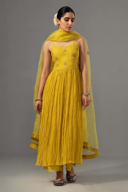 Label Shreya Sharma Yellow Kurta And Pant Chanderi Embroidered Floral Round Anarkali Set