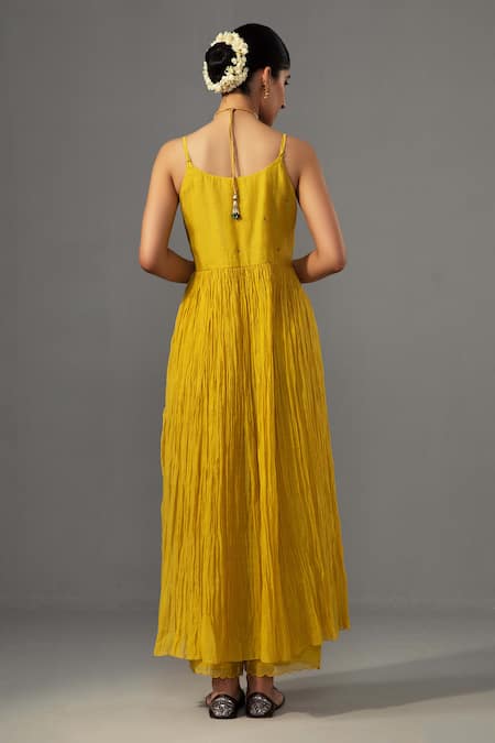 Shop Label Shreya Sharma Yellow Chanderi, Silk Organza Embroidery Round Neck Floral Anarkali Set at Aza Fashions Shop_Label Shreya Sharma_Yellow Chanderi, Silk Organza Embroidery Round Neck Floral Anarkali Set _at_Aza_Fashions