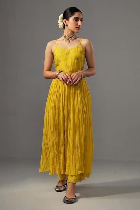 Label Shreya Sharma Yellow Chanderi, Silk Organza Embroidery Round Neck Floral Anarkali Set Online at Aza Fashions Label Shreya Sharma_Yellow Chanderi, Silk Organza Embroidery Round Neck Floral Anarkali Set _Online_at_Aza_Fashions