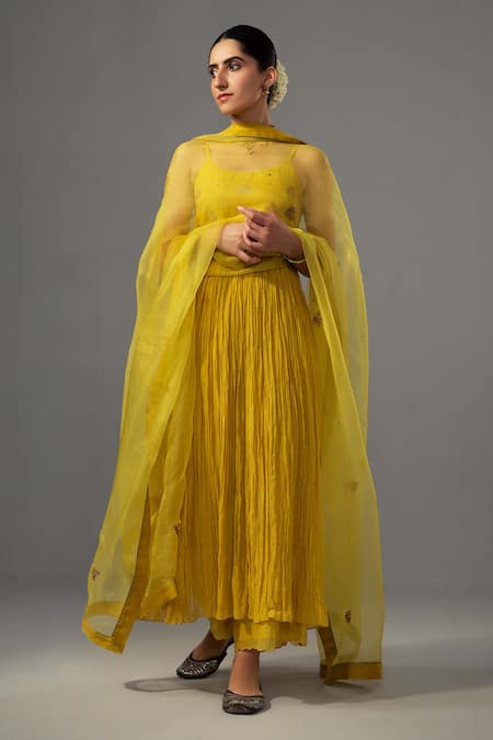 Buy Label Shreya Sharma Yellow Chanderi, Silk Organza Embroidery Round Neck Floral Anarkali Set Online at Aza Fashions Buy_Label Shreya Sharma_Yellow Chanderi, Silk Organza Embroidery Round Neck Floral Anarkali Set _Online_at_Aza_Fashions
