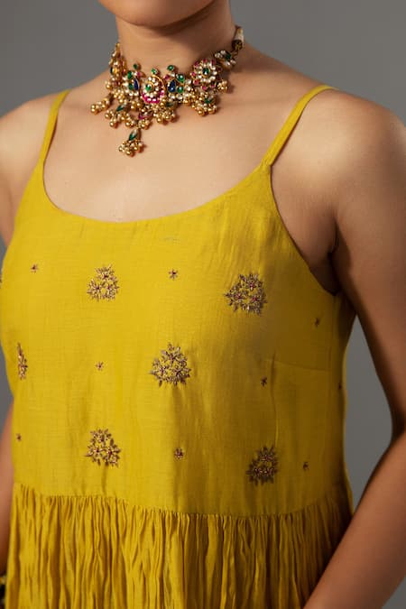 Shop Label Shreya Sharma Yellow Chanderi, Silk Organza Embroidery Round Neck Floral Anarkali Set Online at Aza Fashions Shop_Label Shreya Sharma_Yellow Chanderi, Silk Organza Embroidery Round Neck Floral Anarkali Set _Online_at_Aza_Fashions