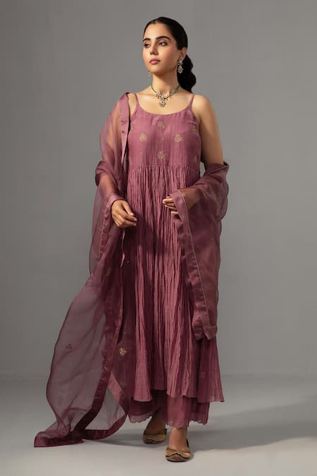 Label Shreya Sharma Purple Kurta And Pant Chanderi Embroidered Floral Round Sleeveless Anarkali Set