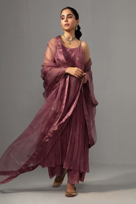 Label Shreya Sharma Purple Chanderi, Silk Organza Embroidery Round Floral Sleeveless Anarkali Set Online at Aza Fashions Label Shreya Sharma_Purple Chanderi, Silk Organza Embroidery Round Floral Sleeveless Anarkali Set _Online_at_Aza_Fashions