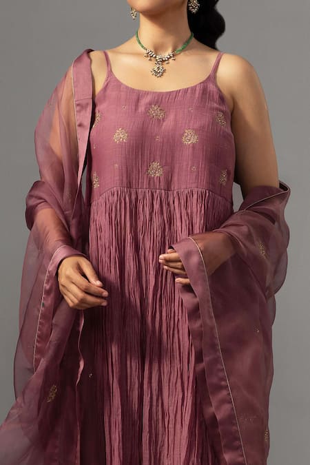 Shop Label Shreya Sharma Purple Chanderi, Silk Organza Embroidery Round Floral Sleeveless Anarkali Set Online at Aza Fashions Shop_Label Shreya Sharma_Purple Chanderi, Silk Organza Embroidery Round Floral Sleeveless Anarkali Set _Online_at_Aza_Fashions
