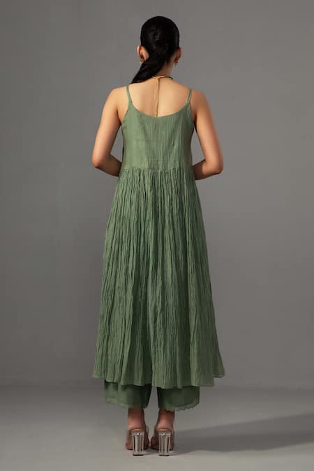 Shop_Label Shreya Sharma_Green Chanderi, Silk Organza Embroidery Round Neck Sleeveless Anarkali Set _at_Aza_Fashions