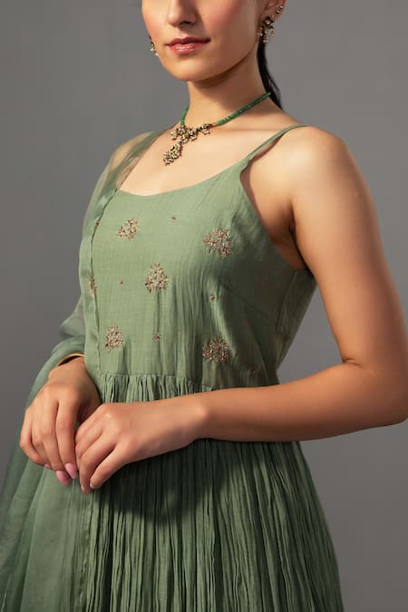 Label Shreya Sharma_Green Chanderi, Silk Organza Embroidery Round Neck Sleeveless Anarkali Set _Online_at_Aza_Fashions