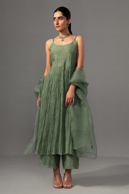 Buy_Label Shreya Sharma_Green Chanderi, Silk Organza Embroidery Round Neck Sleeveless Anarkali Set _Online_at_Aza_Fashions