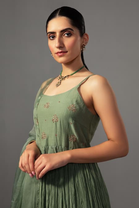 Shop_Label Shreya Sharma_Green Chanderi, Silk Organza Embroidery Round Neck Sleeveless Anarkali Set _Online_at_Aza_Fashions