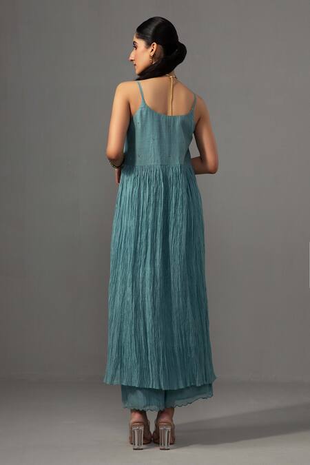 Shop Label Shreya Sharma Blue Chanderi, Silk Organza Embroidery Round Neck Anarkali Set at Aza Fashions Shop_Label Shreya Sharma_Blue Chanderi, Silk Organza Embroidery Round Neck Anarkali Set _at_Aza_Fashions