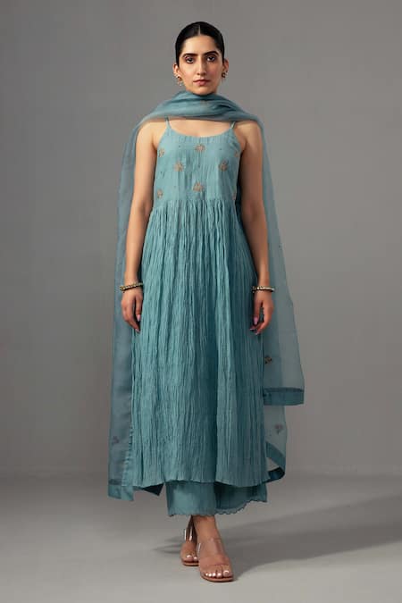 Label Shreya Sharma Blue Chanderi, Silk Organza Embroidery Round Neck Anarkali Set Online at Aza Fashions Label Shreya Sharma_Blue Chanderi, Silk Organza Embroidery Round Neck Anarkali Set _Online_at_Aza_Fashions
