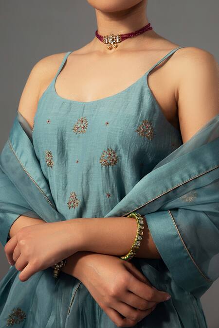 Buy Label Shreya Sharma Blue Chanderi, Silk Organza Embroidery Round Neck Anarkali Set Online at Aza Fashions Buy_Label Shreya Sharma_Blue Chanderi, Silk Organza Embroidery Round Neck Anarkali Set _Online_at_Aza_Fashions