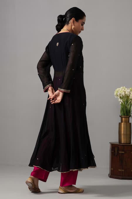 Shop Label Shreya Sharma Black Chanderi, Silk Organza Embroidery V-neck Floral Angarkha Anarkali Set at Aza Fashions Shop_Label Shreya Sharma_Black Chanderi, Silk Organza Embroidery V-neck Floral Angarkha Anarkali Set _at_Aza_Fashions