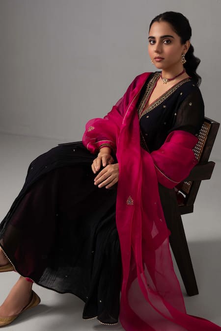 Shop Label Shreya Sharma Black Chanderi, Silk Organza Embroidery V-neck Floral Angarkha Anarkali Set Online at Aza Fashions Shop_Label Shreya Sharma_Black Chanderi, Silk Organza Embroidery V-neck Floral Angarkha Anarkali Set _Online_at_Aza_Fashions