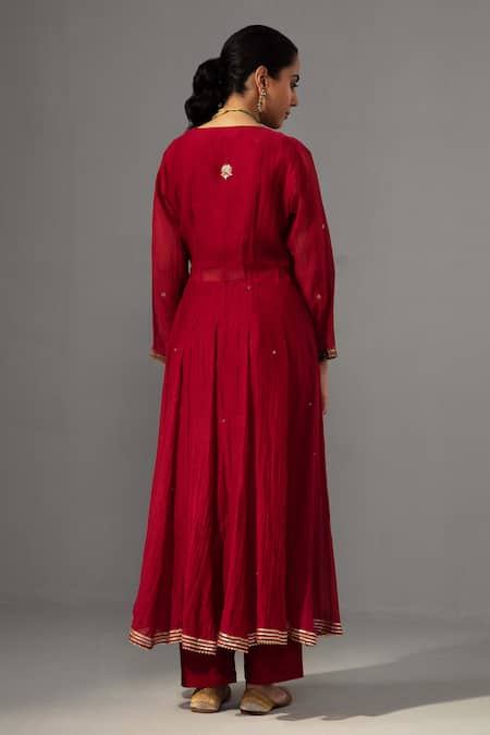 Shop Label Shreya Sharma Red Chanderi, Silk Organza Embroidery V-neck Angarkha Anarkali Set at Aza Fashions Shop_Label Shreya Sharma_Red Chanderi, Silk Organza Embroidery V-neck Angarkha Anarkali Set _at_Aza_Fashions