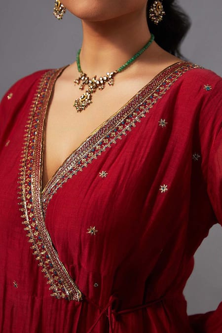 Shop Label Shreya Sharma Red Chanderi, Silk Organza Embroidery V-neck Angarkha Anarkali Set Online at Aza Fashions Shop_Label Shreya Sharma_Red Chanderi, Silk Organza Embroidery V-neck Angarkha Anarkali Set _Online_at_Aza_Fashions