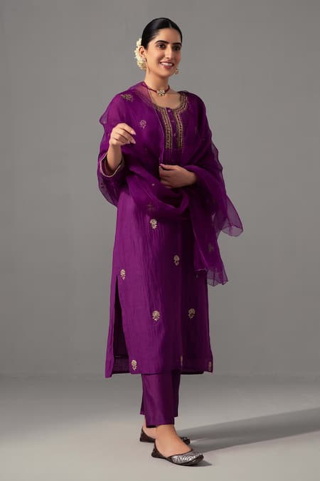 Label Shreya Sharma Purple Kurta And Pant Chanderi Embroidered Floral Round Straight Set 