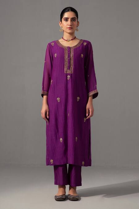Label Shreya Sharma_Purple Chanderi, Silk Organza, Cotton Embroidery Round Neck Straight Kurta Set _Online_at_Aza_Fashions