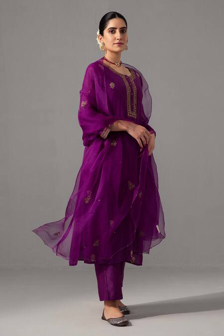 Buy_Label Shreya Sharma_Purple Chanderi, Silk Organza, Cotton Embroidery Round Neck Straight Kurta Set _Online_at_Aza_Fashions