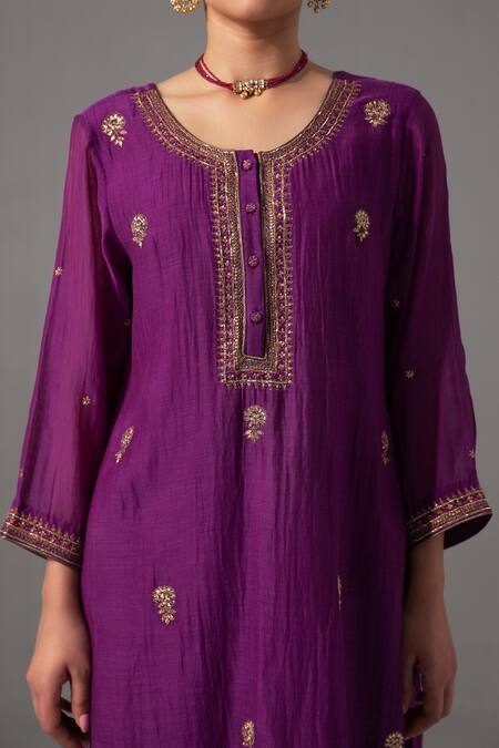 Shop_Label Shreya Sharma_Purple Chanderi, Silk Organza, Cotton Embroidery Round Neck Straight Kurta Set _Online_at_Aza_Fashions