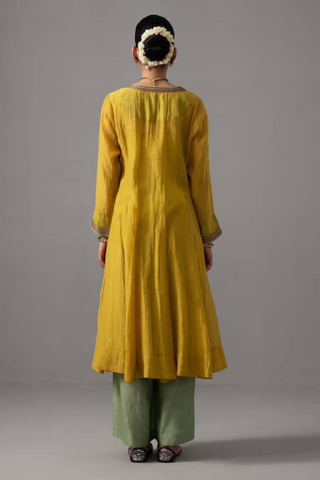 Shop_Label Shreya Sharma_Yellow Chanderi, Cotton, Silk Organza Sequins, Embroidery Round Anarkali Set _at_Aza_Fashions