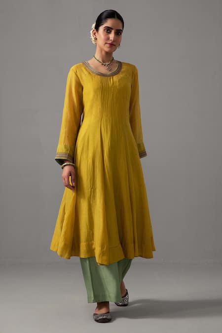 Label Shreya Sharma_Yellow Chanderi, Cotton, Silk Organza Sequins, Embroidery Round Anarkali Set _Online_at_Aza_Fashions
