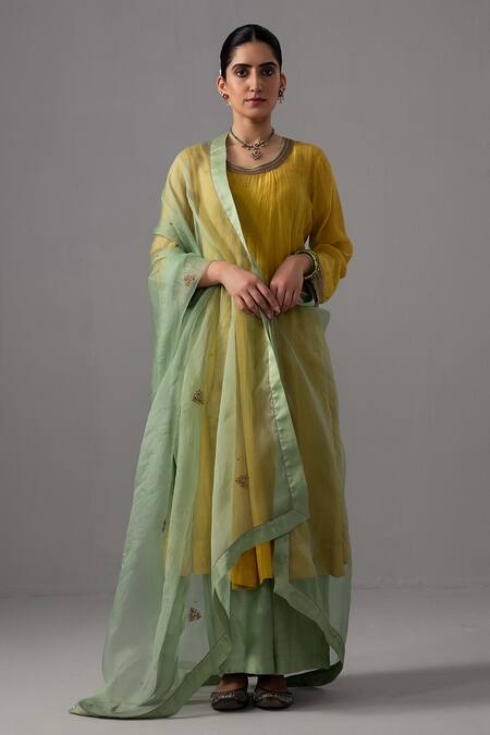 Buy_Label Shreya Sharma_Yellow Chanderi, Cotton, Silk Organza Sequins, Embroidery Round Anarkali Set _Online_at_Aza_Fashions