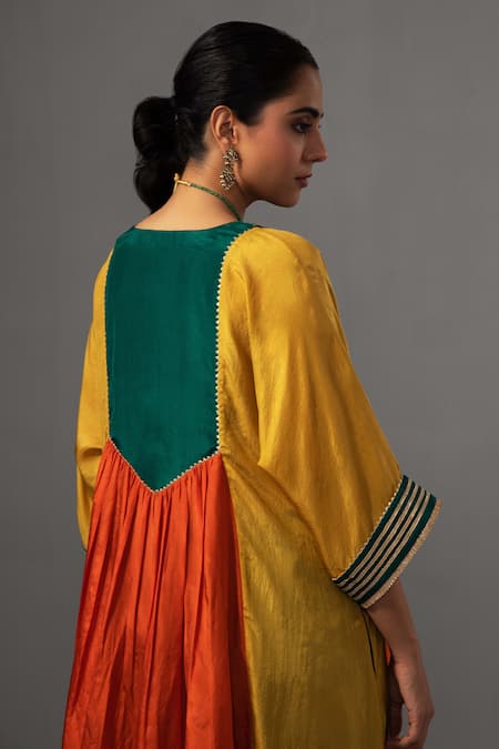 Label Shreya Sharma_Yellow Silk Gota Patti Round Neck Colour Block Panel Kurta With Pant_Online_at_Aza_Fashions