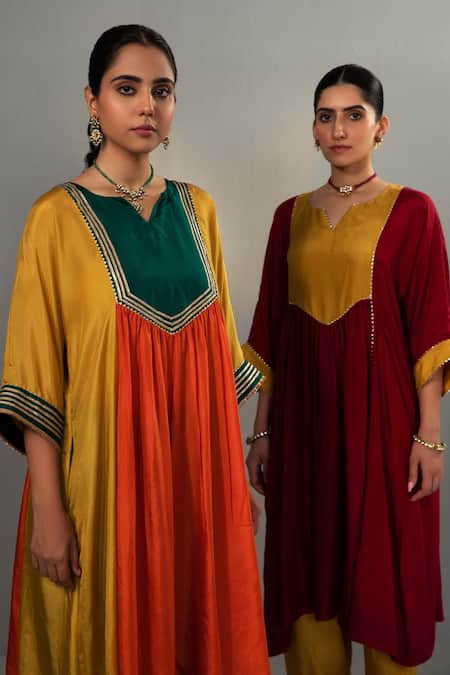 Buy_Label Shreya Sharma_Yellow Silk Gota Patti Round Neck Colour Block Panel Kurta With Pant_Online_at_Aza_Fashions