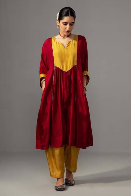 Label Shreya Sharma Red Pure Silk Gota Lace Round Colour Block Kurta With Pant