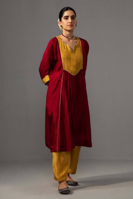 Label Shreya Sharma_Red Silk Gota Patti Round Neck Colour Block Kurta With Pant_Online_at_Aza_Fashions
