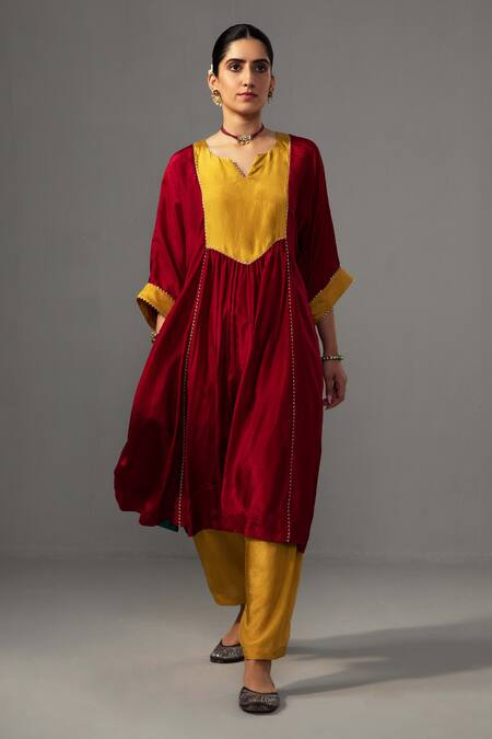 Buy_Label Shreya Sharma_Red Silk Gota Patti Round Neck Colour Block Kurta With Pant_Online_at_Aza_Fashions