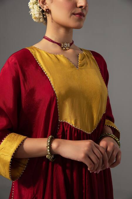 Shop_Label Shreya Sharma_Red Silk Gota Patti Round Neck Colour Block Kurta With Pant_Online_at_Aza_Fashions
