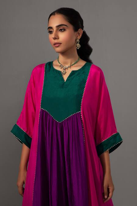 Shop Label Shreya Sharma Pink Silk Gota Patti Round Neck Colour Block Kurta With Pant Online at Aza Fashions Shop_Label Shreya Sharma_Pink Silk Gota Patti Round Neck Colour Block Kurta With Pant_Online_at_Aza_Fashions
