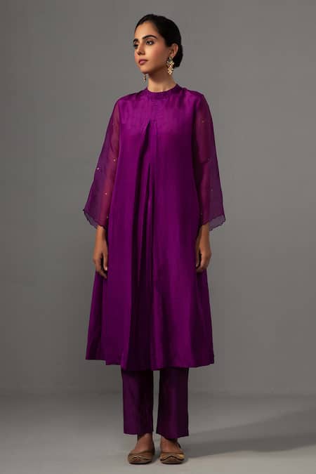 Label Shreya Sharma Purple Kurta Pure Silk Sequin Band Collar Box Pleat With Pant