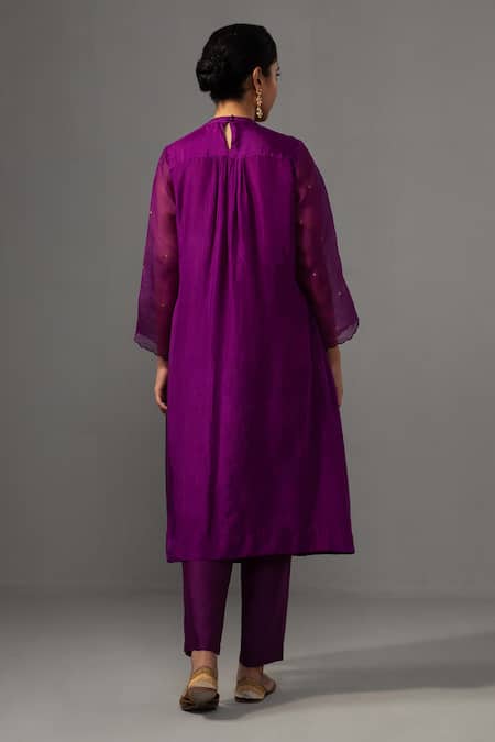 Shop Label Shreya Sharma Purple Silk Sequins Bandeau Neck Box Pleat Kurta With Pant at Aza Fashions Shop_Label Shreya Sharma_Purple Silk Sequins Bandeau Neck Box Pleat Kurta With Pant _at_Aza_Fashions