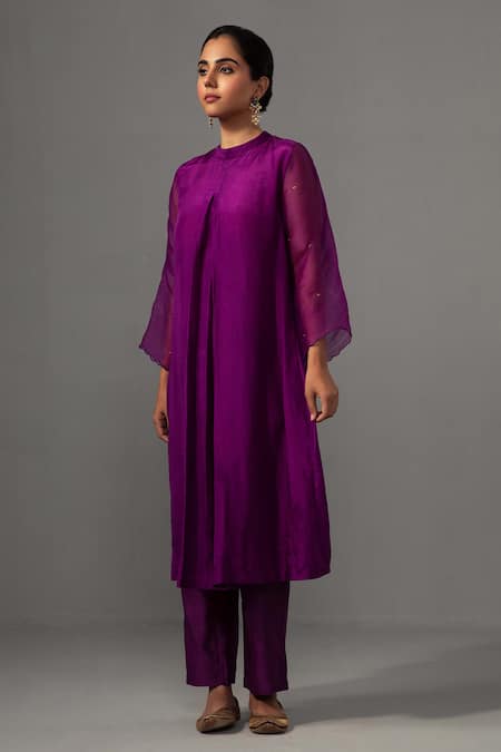Label Shreya Sharma Purple Silk Sequins Bandeau Neck Box Pleat Kurta With Pant Online at Aza Fashions Label Shreya Sharma_Purple Silk Sequins Bandeau Neck Box Pleat Kurta With Pant _Online_at_Aza_Fashions